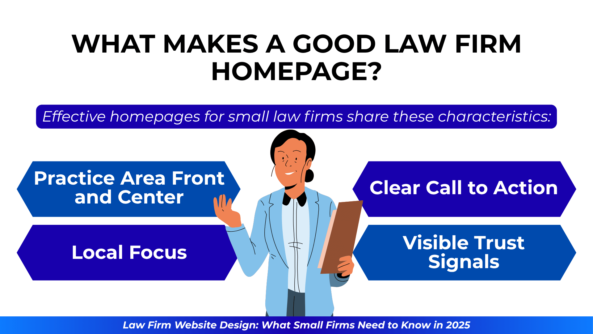 Smiling lawyer with arrows listing key homepage traits: local focus, CTA, trust signals, and more.