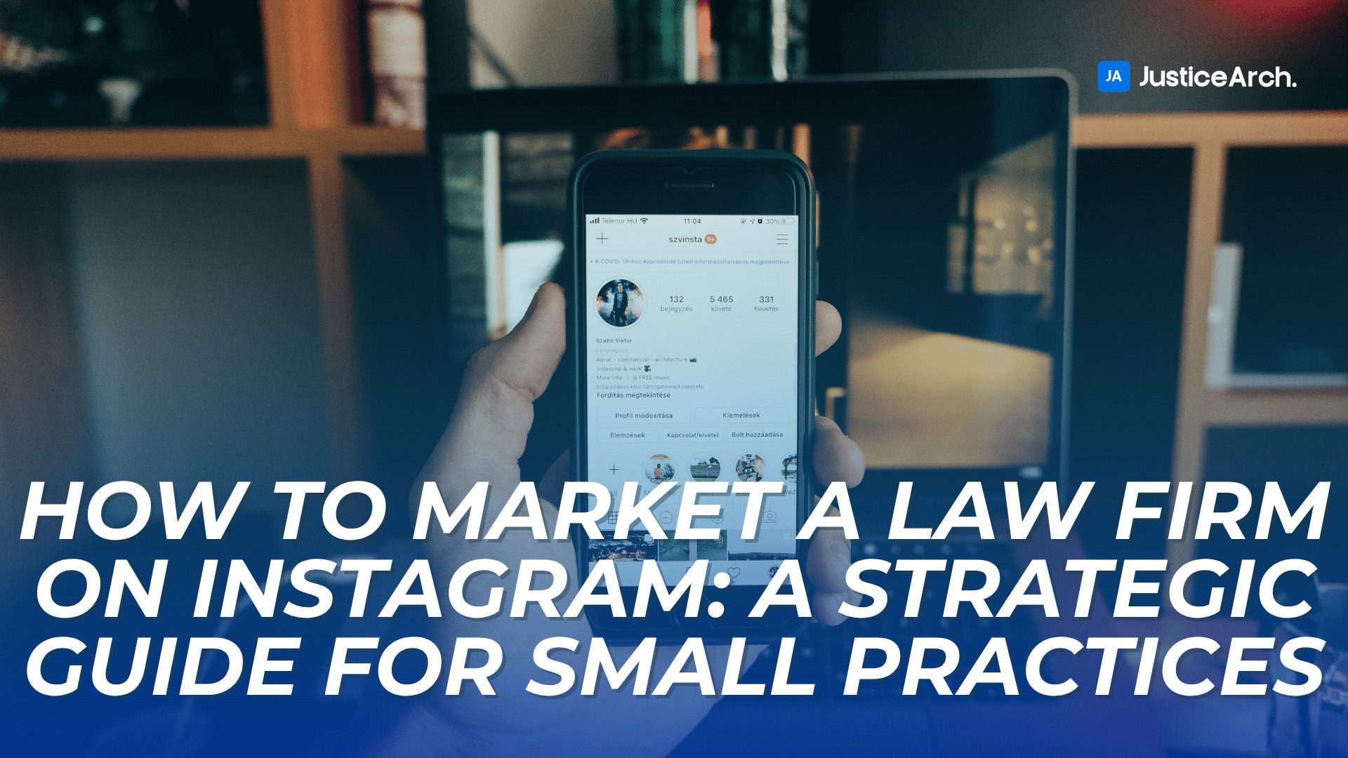 Hand holding a smartphone open to an Instagram profile, with blurred office background and bold title text overlay.