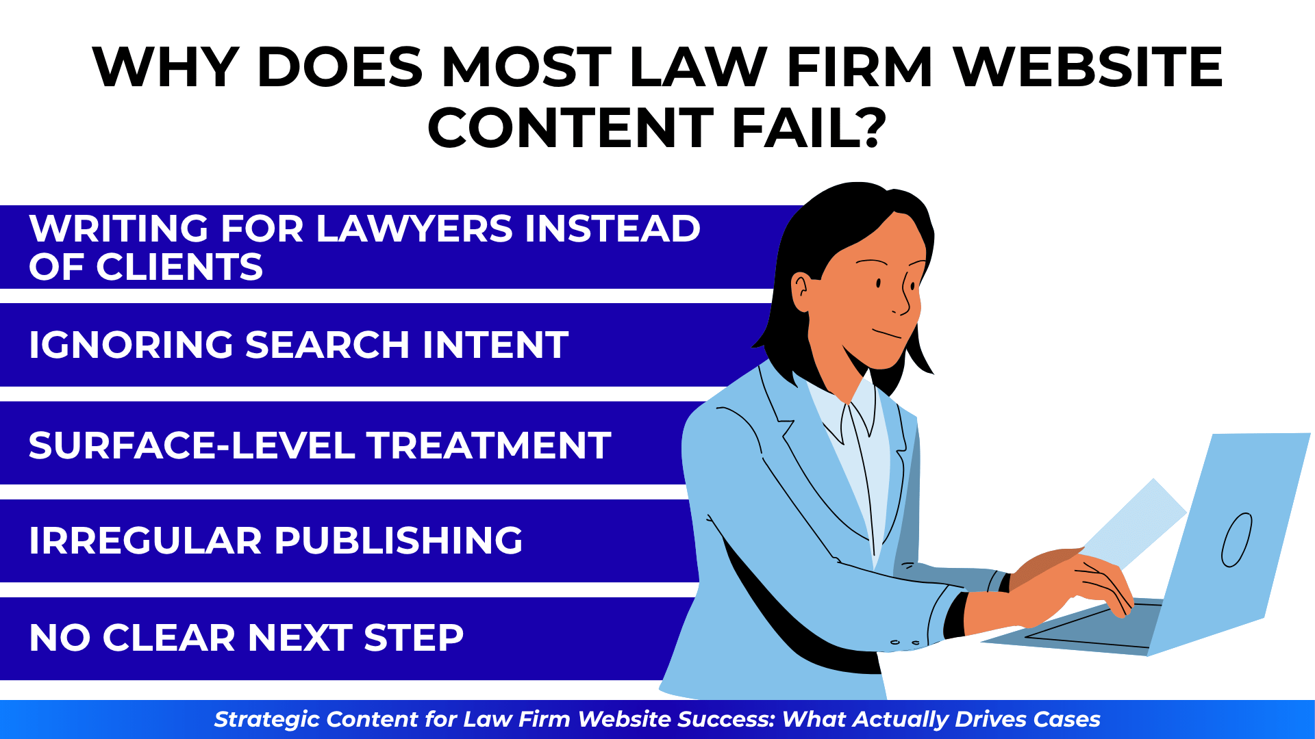 List of content fails next to woman at laptop: writing for lawyers, no next step, ignoring search intent.