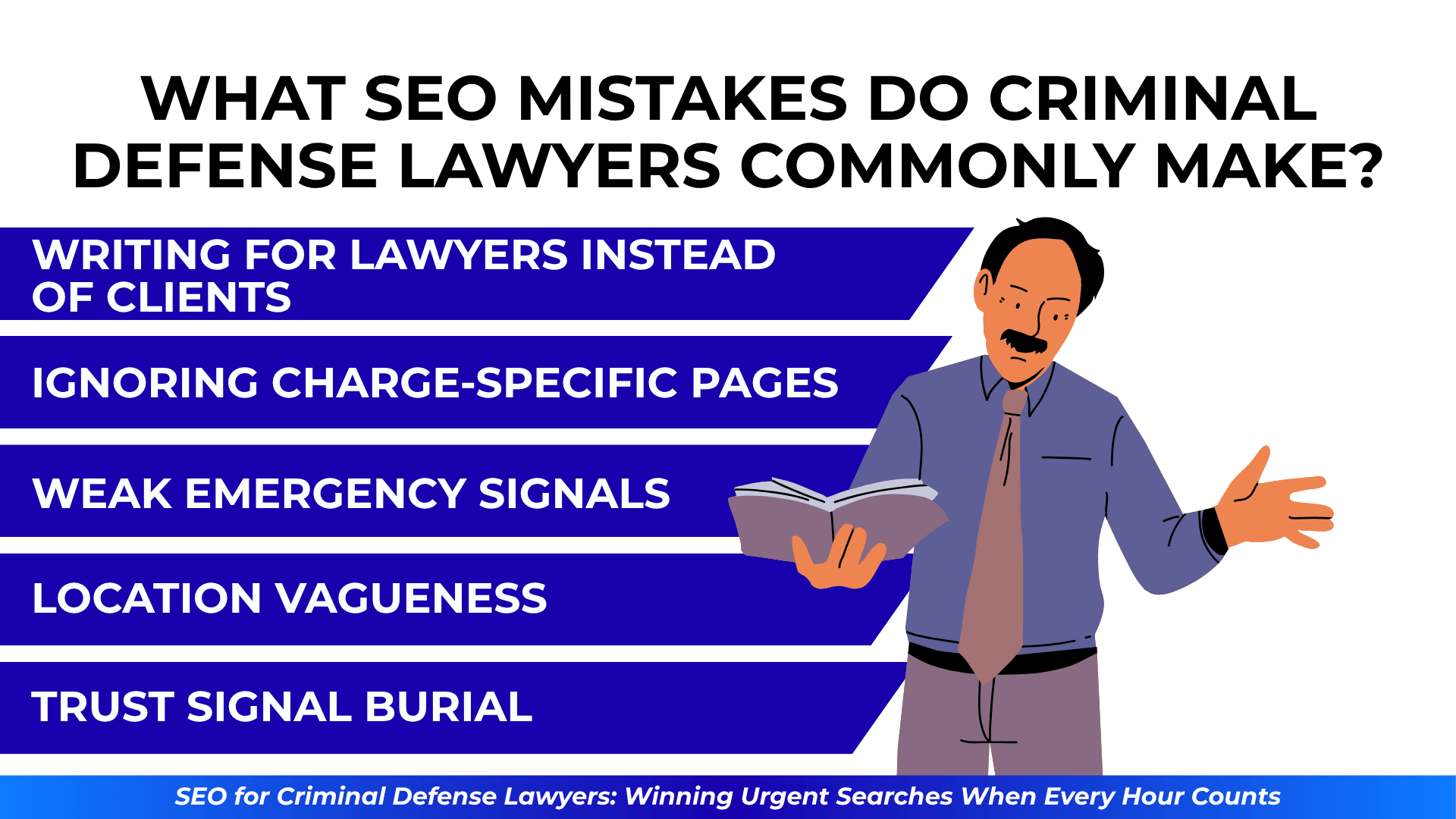 Man with mustache holding book next to list: writing for lawyers, weak signals, vague locations, buried trust signals.