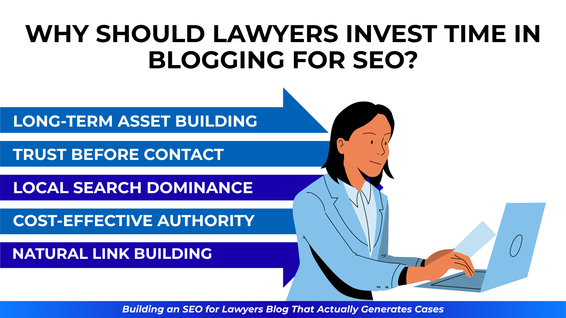 Lawyer at laptop with SEO blog benefits: long-term value, trust, authority, and local search.