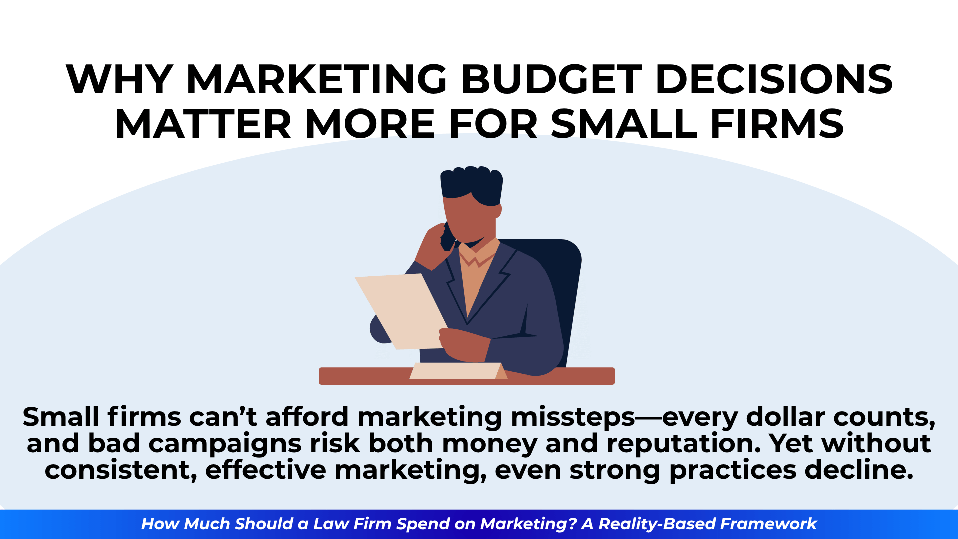Illustration of a professional reading a document at a desk, paired with text about the financial risks and necessity of strategic marketing in smaller practices.