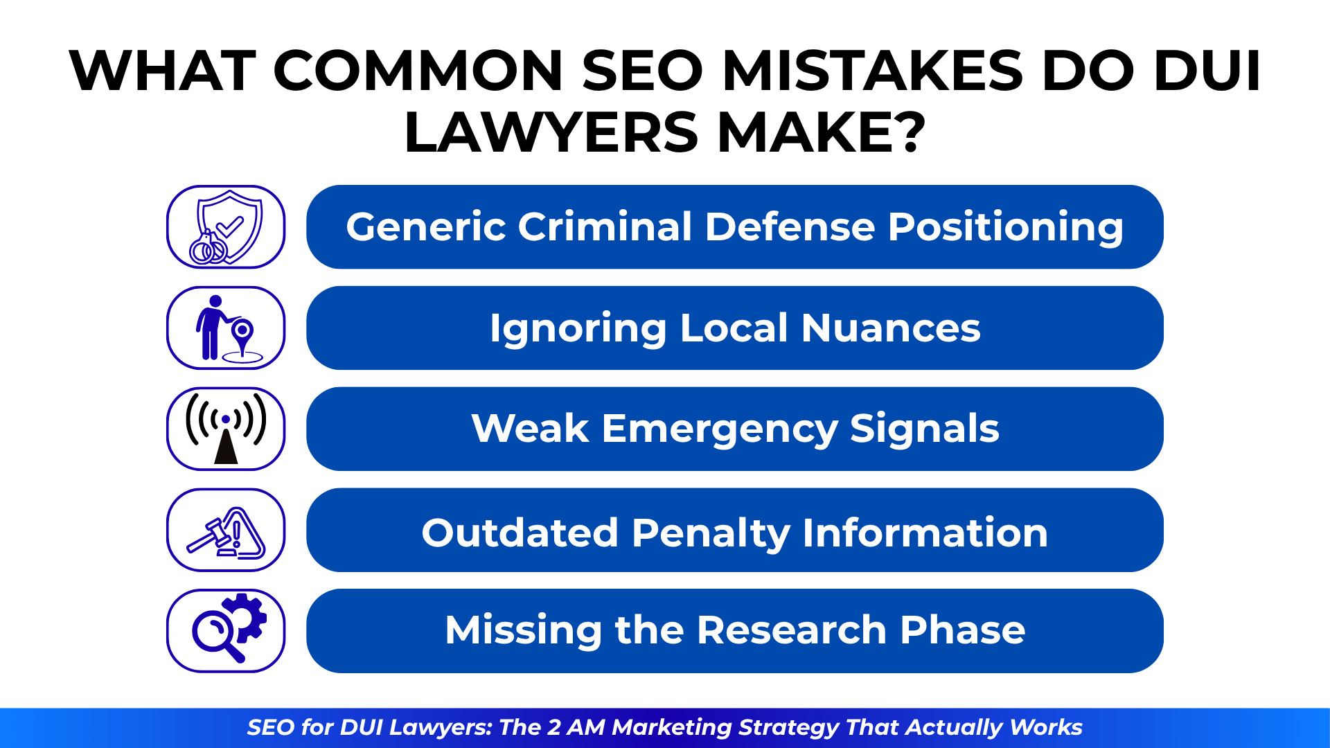DUI SEO mistakes listed with icons: generic defense, local blind spots, weak urgency, old info, missing research.
