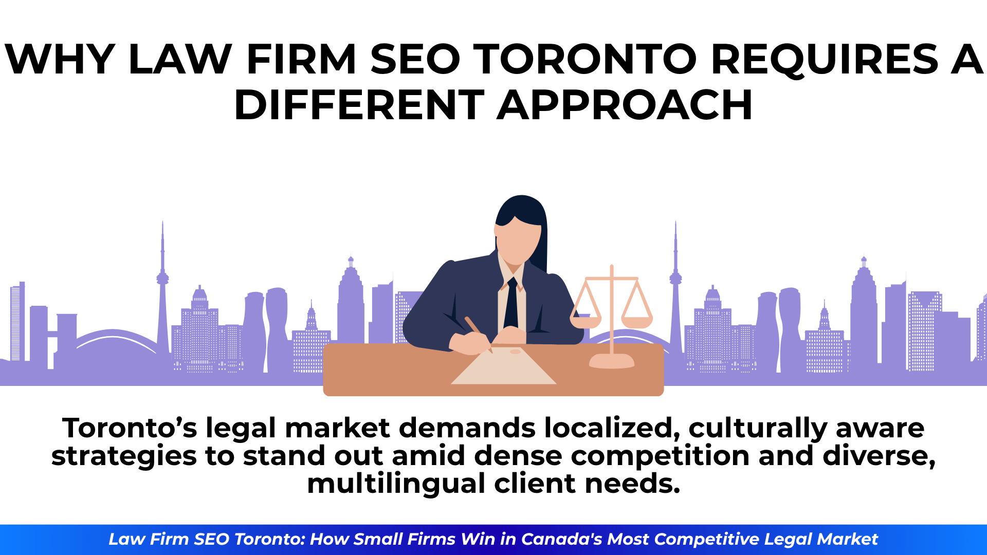 Illustration of a lawyer writing at a desk with text explaining the need for localized SEO strategies.
