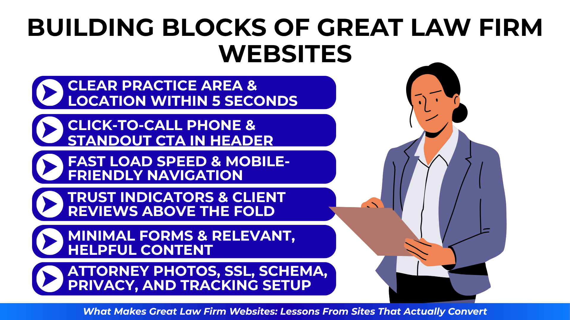 Woman holding clipboard next to bold checklist on key law firm website features like speed, clarity, and trust signals.