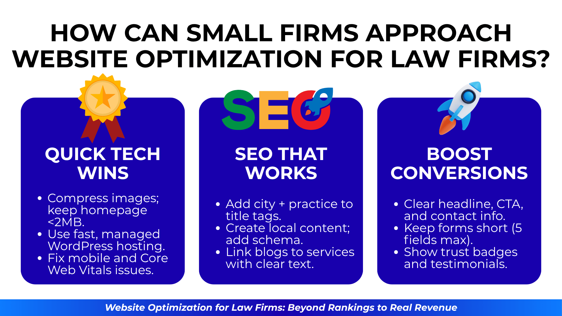 Three columns: tech wins, SEO, and conversions with icons like ribbon, SEO letters, and rocket.