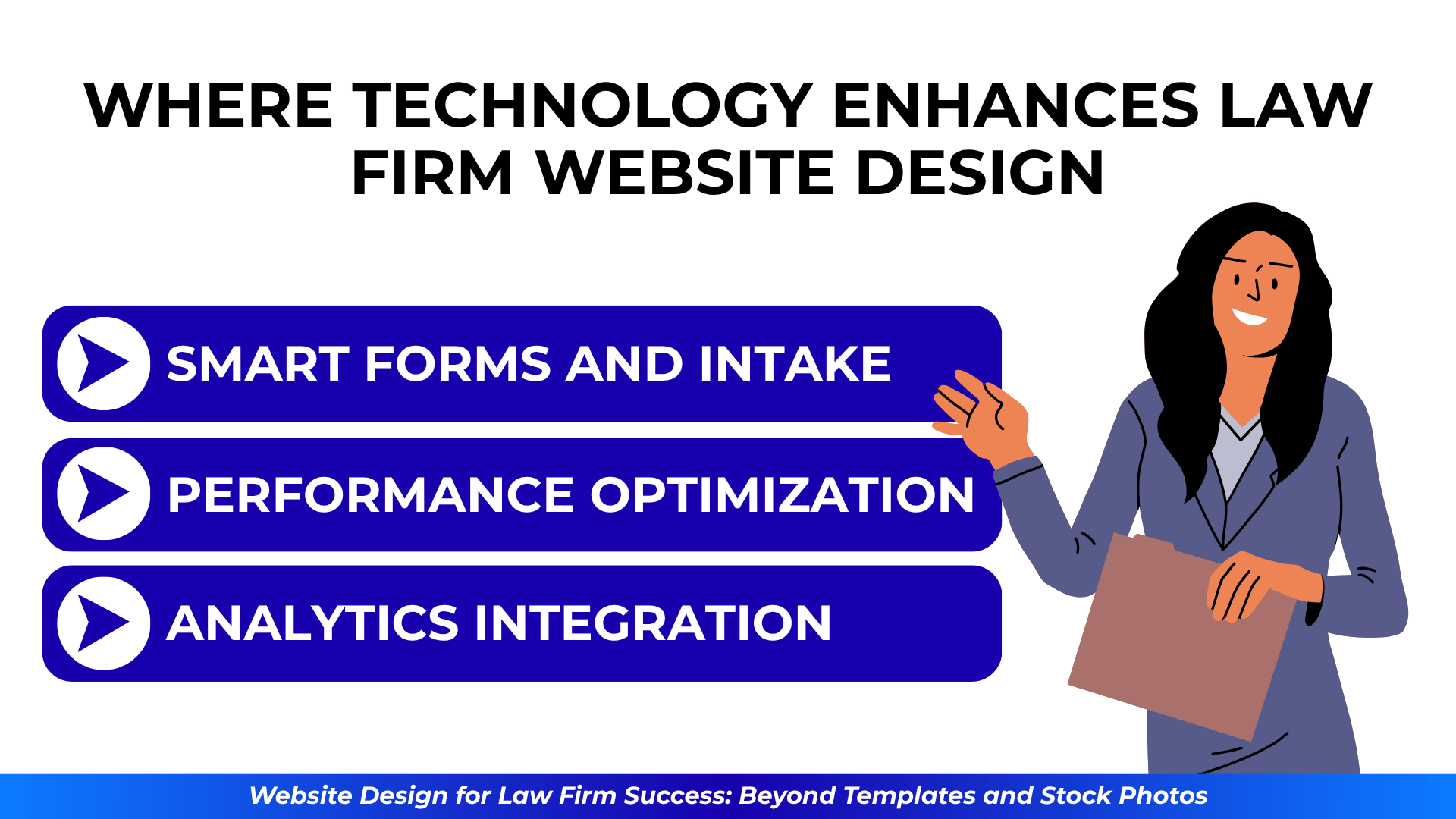 Person pointing toward a list of tech-driven features that improve law firm sites—smart intake forms, performance tuning, and analytics integration.