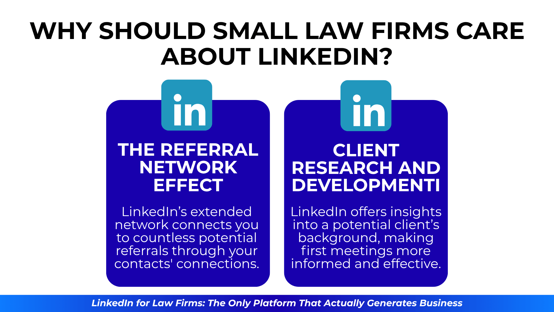 Two feature boxes with LinkedIn logos explaining referral network impact and how client research improves first meetings.