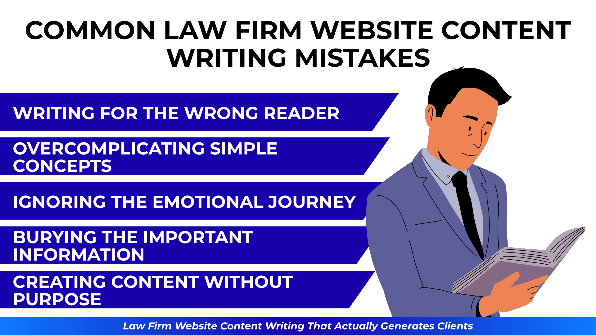 Man reading while five blue banners list mistakes: wrong reader, overcomplicating, emotional gap, buried info, no purpose.
