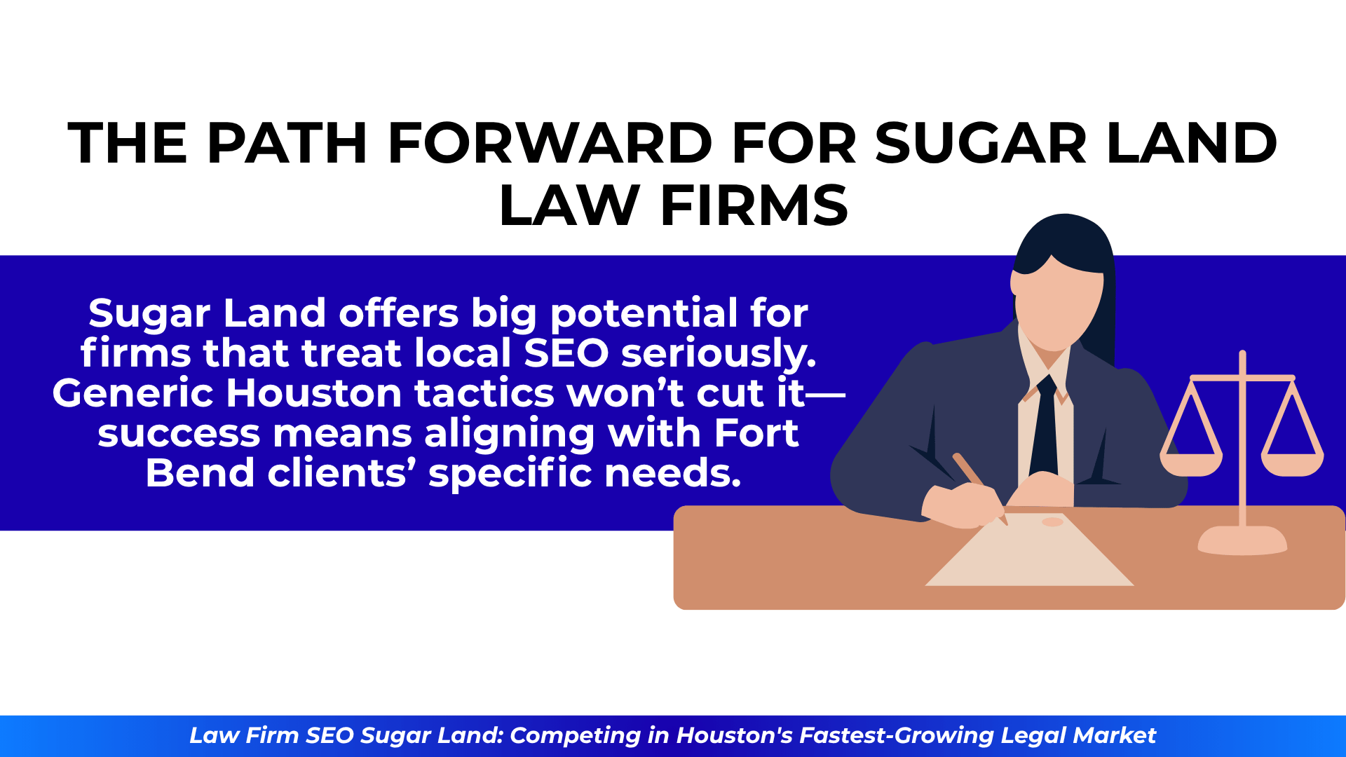 Man writing at desk beside text explaining why Sugar Land SEO needs Fort Bend-specific focus.