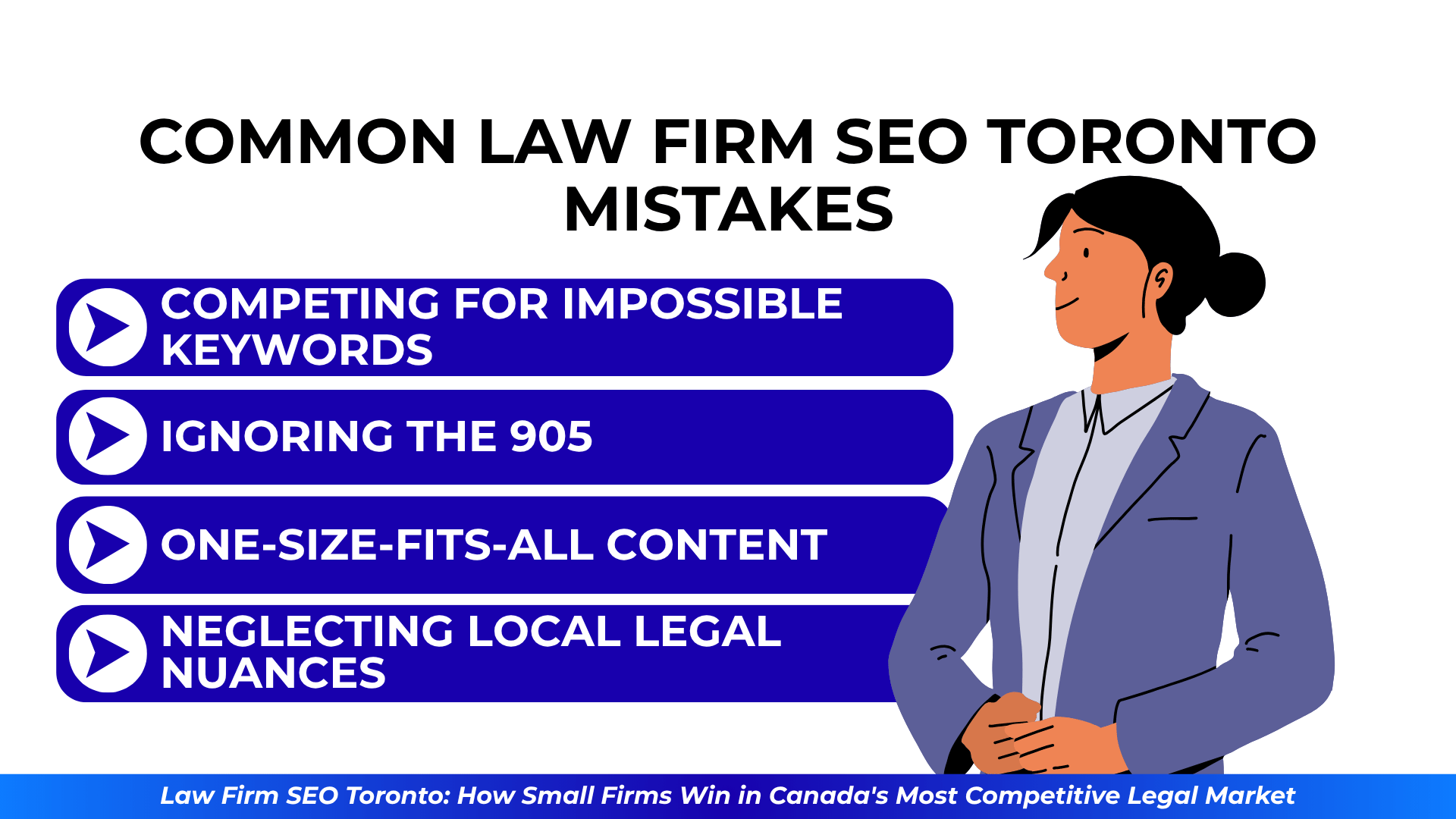 Illustration of a lawyer beside a list of four common SEO errors in Toronto's legal market.