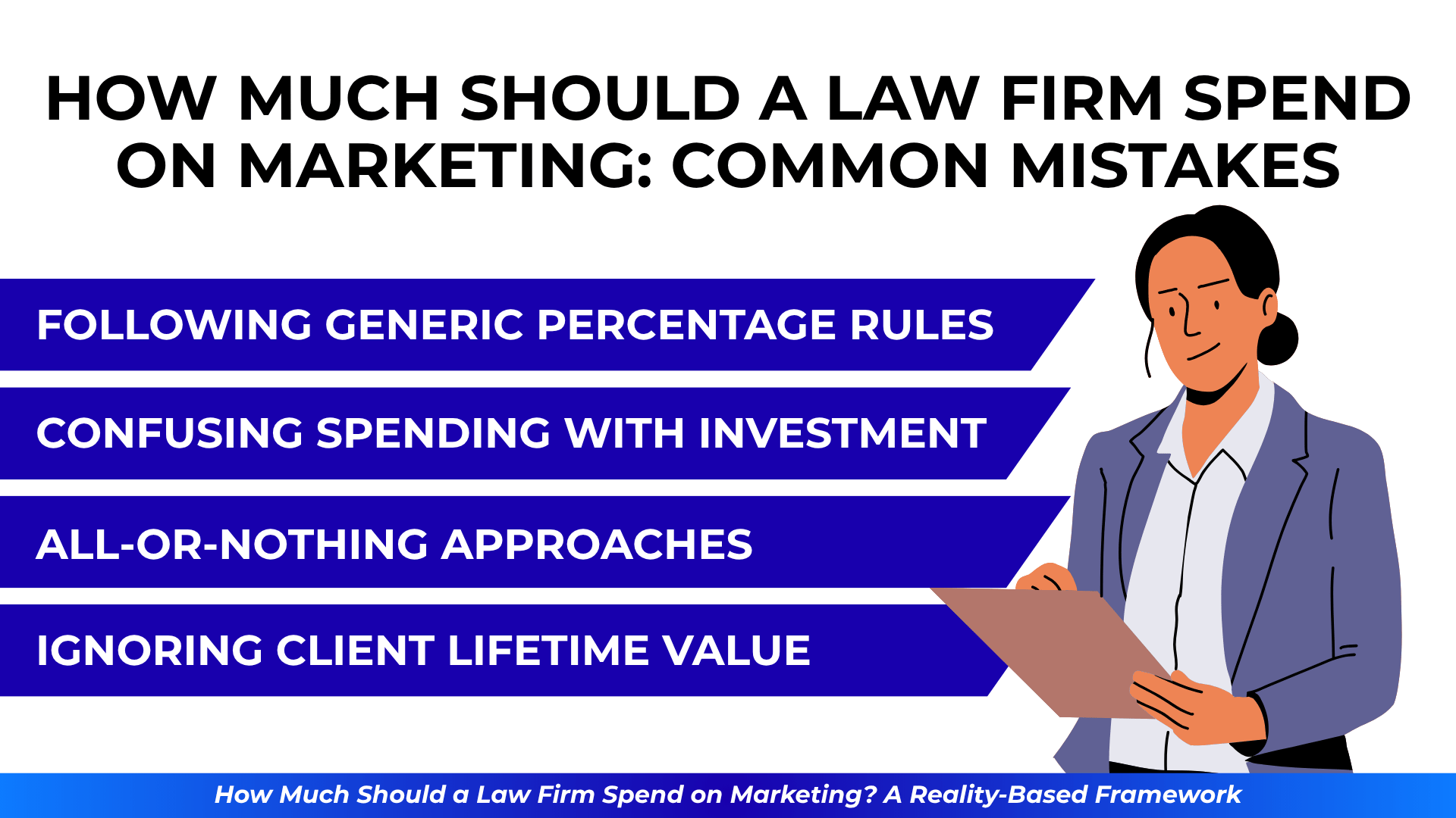 List of four common law firm budgeting errors, with an illustrated professional reviewing a clipboard beside the text.