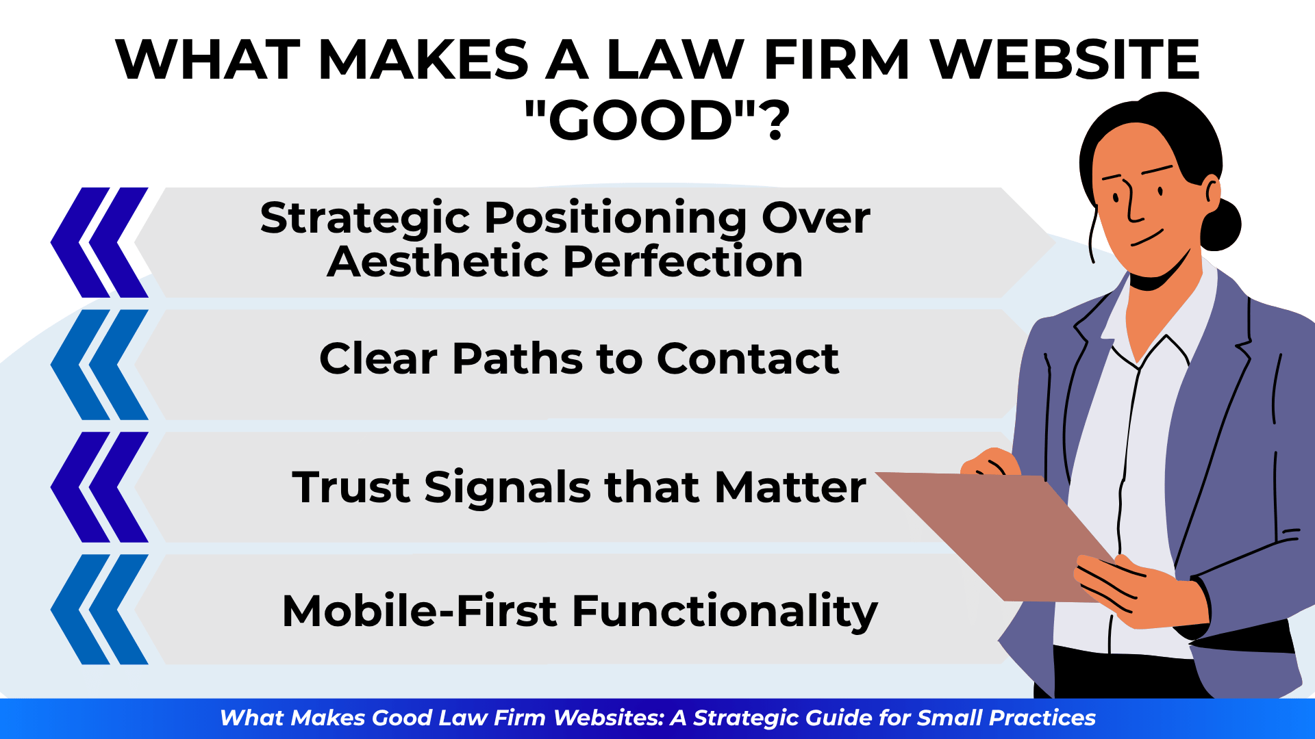 Illustration of a confident professional alongside layered bullet points showing that effective law firm websites prioritize strategy, contact access, trust signals, and mobile design.