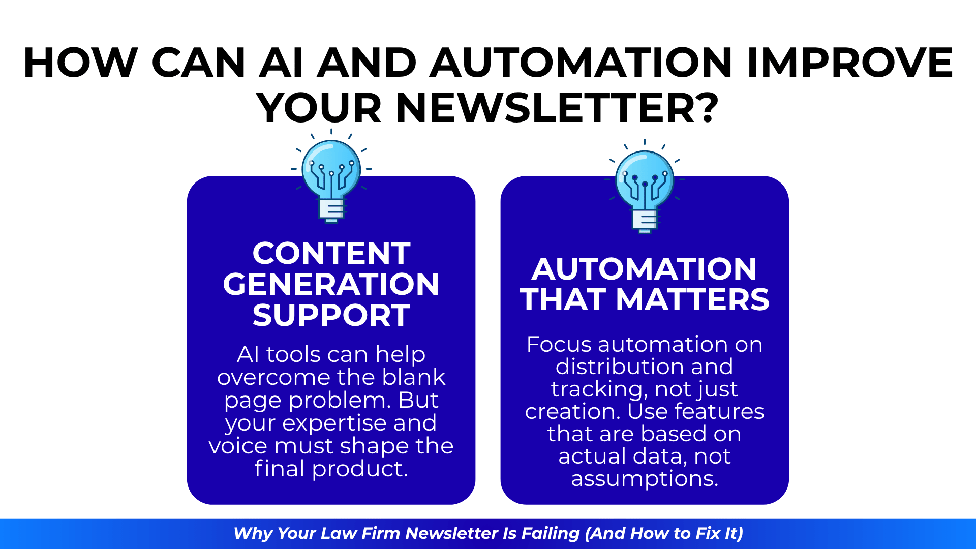 Two sections under lightbulb icons: one explains how AI can assist content generation, the other focuses on using automation for data-driven distribution and tracking.