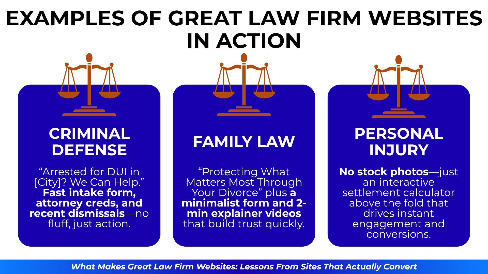 Criminal, family, and injury law site examples with icons and bold CTAs like fast forms, explainer videos, and calculators.