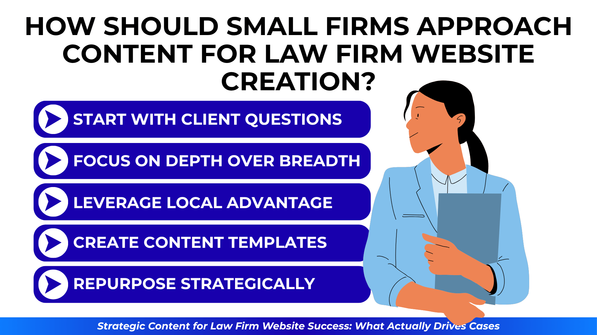 List of smart content tips with a woman holding folder: start with questions, repurpose, focus locally.
