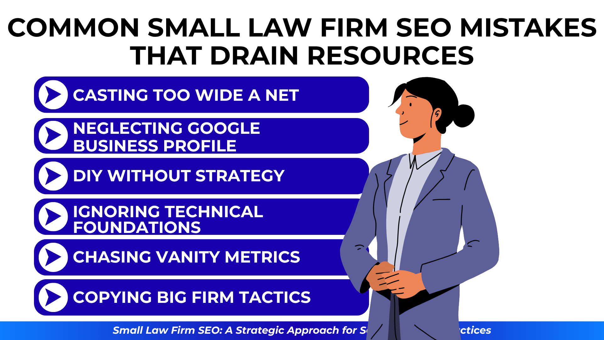 Businesswoman next to list of SEO mistakes: casting too wide, neglecting Google profile, DIY without strategy, and more.